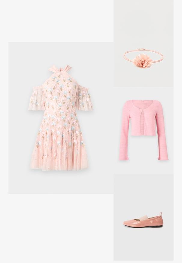 Cardigan court en maille rose clair avec manches longues, col rond et fermeture à un bouton au niveau de la poitrine.; Robe courte rose avec manches épaules dénudées, ornée de broderies florales bleues et roses, tissu en tulle transparent à couches, et encolure à volants.; Ballerines synthétiques roses avec une texture brillante, un bout carré et une bande élastique douce sur le cou-de-pied. Semelle en caoutchouc noire et tirette à l'arrière.; Bandeau élastique rose avec une fleur en tissu doux aux pétales superposés au centre sur fond blanc.