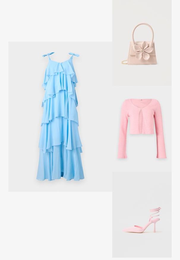 Lyserød cropped strikket cardigan med lange ærmer, rund halsudskæring og enkelt knaplukning ved brystet.; Himmelblå maxi-kjole med lagdelte flæser, justerbare bindebånd og en svævende silhuet. Lavet af letvægtsstof med en blød struktur.; Lyserøde højhælede sko med spidse tæer, satinfinish og ankelstrop med krydsgående detaljer. Slankt silhouette og tynd hæl.; Lille sart lyserød håndtaske med en stor blomsterdekoration med perle- og rhinstenmidte, top-håndtag og guld kæderem.