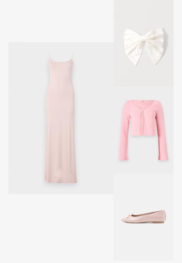 Lyserød cropped strikket cardigan med lange ærmer, rund halsudskæring og enkelt knaplukning ved brystet.; Rosa, ærmeløs maxikjole med en tætsiddende bodice og flydende skørt. Lavet af blødt, glat stof med et minimalistisk design og uden synlige mønstre.; Rosa lakballetsko med spids tå og en dekorativ sløjfe foran. Har en flad sål og sømløst design.; Hårsløjfe af cremefarvet stof med en lille sølvfarvet kronevedhæng ved knuden, vist på en lysegrå baggrund.