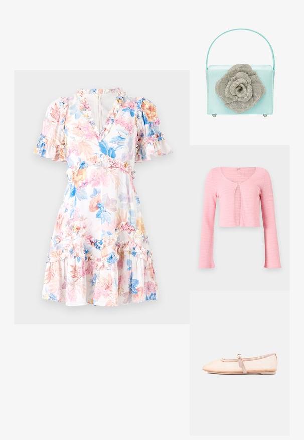 Lyserød cropped strikket cardigan med lange ærmer, rund halsudskæring og enkelt knaplukning ved brystet.; Blomstret kjole med hvid bund, prydet med lyserøde, blå og gule blomster. Rynkede detaljer ved ærmer og nederkant, v-udskæring og en tætsiddende talje.; Lys beige flad sko med spidst tåparti og en enkelt rem med spænde på siden, vist på en ensfarvet hvid baggrund.; En mintgrøn firkantet håndtaske lavet af satin, der har en stor metalisk sølvblomst dekorativt element og et klart håndtag.