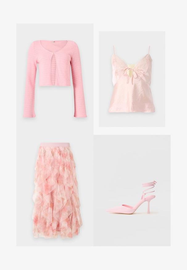 Lyserød cropped strikket cardigan med lange ærmer, rund halsudskæring og enkelt knaplukning ved brystet.; Lyserød satin cami med blondekant, spaghetti-stropper, nøglehuludskæring og bindedetalje foran.; Pink lagdelt tyll midi nederdel med blomsterprint og elastisk taljebånd, med bløde flæseteksturer.; Lyserøde højhælede sko med spidse tæer, satinfinish og ankelstrop med krydsgående detaljer. Slankt silhouette og tynd hæl.