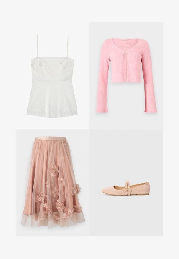 Cardigan court en maille rose clair avec manches longues, col rond et fermeture à un bouton au niveau de la poitrine.; Camisole blanche avec bretelles spaghetti réglables, motif floral texturé sur le tissu et ourlet évasé.; Jupe en tulle rose pâle avec une ceinture en satin. Comprend plusieurs couches de tissu transparent et des appliqués floraux en trois dimensions sur toute la surface.; Ballerines en cuir verni rose pâle avec un bout pointu, dotées de deux brides ajustables et d'une semelle plate en caoutchouc.