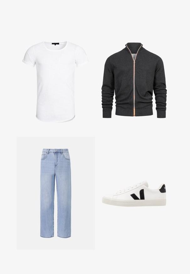 Pull noir en maille avec un motif texturé, détail de fermeture éclair orange et col montant. Poignets et ourlet côtelés.; T-shirt blanc à manches courtes avec un col rond, fabriqué dans un tissu léger avec une texture subtile et un ourlet incurvé.; Jean en denim bleu clair avec une coupe décontractée et des jambes larges. Les caractéristiques incluent cinq poches, une fermeture à bouton à l'avant et une décoloration subtile.; Sneaker blanche en cuir avec des accents en daim noir ; dispose d'une semelle en caoutchouc, d'un bout rond et d'un design classique à lacets. Logo latéral en noir.