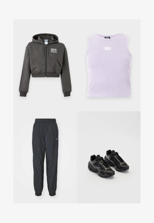Sweat à capuche zippé court gris foncé avec poches avant, capuche à cordon de serrage et logo « new balance » sur le côté gauche de la poitrine.; Crop top sans manches côtelé de couleur violet clair avec un petit logo blanc brodé au centre près de l'encolure.; Pantalons de survêtement Nike noirs en tissu léger, dotés d'une taille élastique et de poignets élastiques, avec un petit logo blanc sur la jambe gauche.; Chaussures de sport noires en matériau synthétique, avec des accents en mesh et des semelles arrondies. Équipées d'un système de laçage et d'un logo Nike bien visible sur la languette.