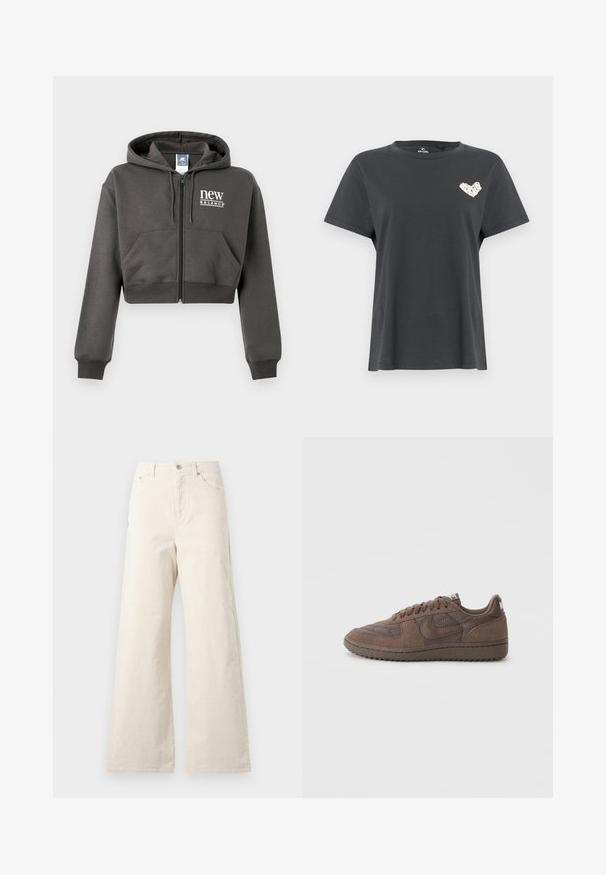 Sudadera corta de cremallera en color gris oscuro con bolsillos delanteros, capucha con cordón y logo de "new balance" en el pecho izquierdo.; Camiseta negra de manga corta con cuello redondo y pequeño diseño de corazón blanco en el pecho izquierdo.; Pantalones de pernera ancha beige, hechos de algodón, con cierre de botón en la parte frontal, bolsillos laterales y una textura suave. Diseño minimalista sin patrones.; Zapatillas de ante marrón con un upper texturizado, punta redonda y cordones planos. Cuenta con una suela de goma y un logo sutil en el talón.