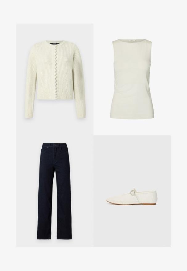 Kremfarvet ribbet cardigan med lange ærmer, rund halsudskæring, lukning foran med dekorative perleagtige knapper langs knapstolpen.; Ærmeløs, ensfarvet hvid tanktop med rund halsudskæring, lavet af glat stof, vist på hvid baggrund.; Mørkeblå denim jeans med lige ben, der har fem lommer, en frontlukning med knap og en subtil tekstur uden udsmykninger.; Hvide syntetiske flade sko med mesh-struktur, spidse tå og en sidesnor med en rund detalje. Lav hæl og fleksibel sål.