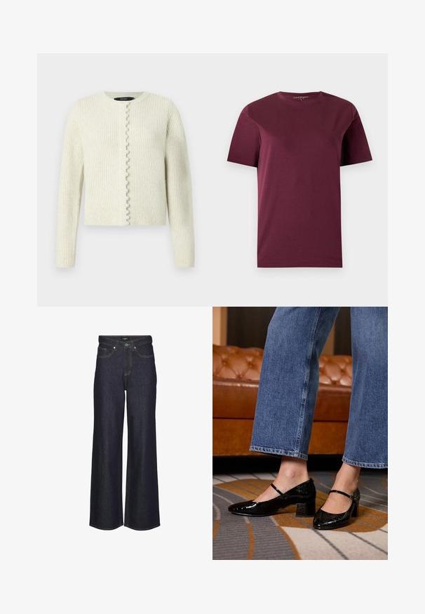 Cárdigan crema acanalado con mangas largas, cuello redondo y cierre frontal con botones decorativos tipo perla a lo largo de la tapeta.; Camiseta de manga corta, lisa y color burdeos con cuello redondo, mostrada extendida sobre un fondo claro.; Jeans de pierna ancha de talle alto en denim oscuro. Cuenta con costuras clásicas, cinco bolsillos y un cierre de botón en la parte delantera.; Zapatos de charol negros con punta afilada, tacón cuadrado y correa en el tobillo, llevados con jeans de pierna ancha, sobre una alfombra estampada.