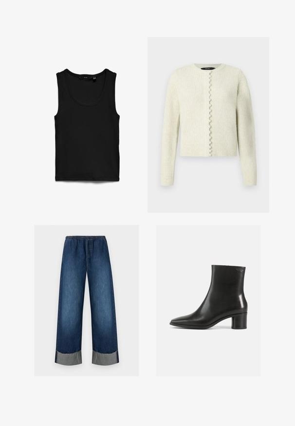 Cardigan crème côtelé à manches longues, col rond, fermeture boutonnée à l'avant avec des boutons décoratifs ressemblant à des perles le long de la patte de boutonnage.; Débardeur noir côtelé sans manches avec encolure arrondie, posé à plat sur fond blanc.; Jean en denim bleu foncé à jambes larges avec taille élastique, cordon de serrage et ourlets retroussés effilochés.; Bottine en cuir noir avec un bout pointu et un talon bloc de hauteur moyenne. Texture lisse et design minimaliste. Pas de ferrures visibles.