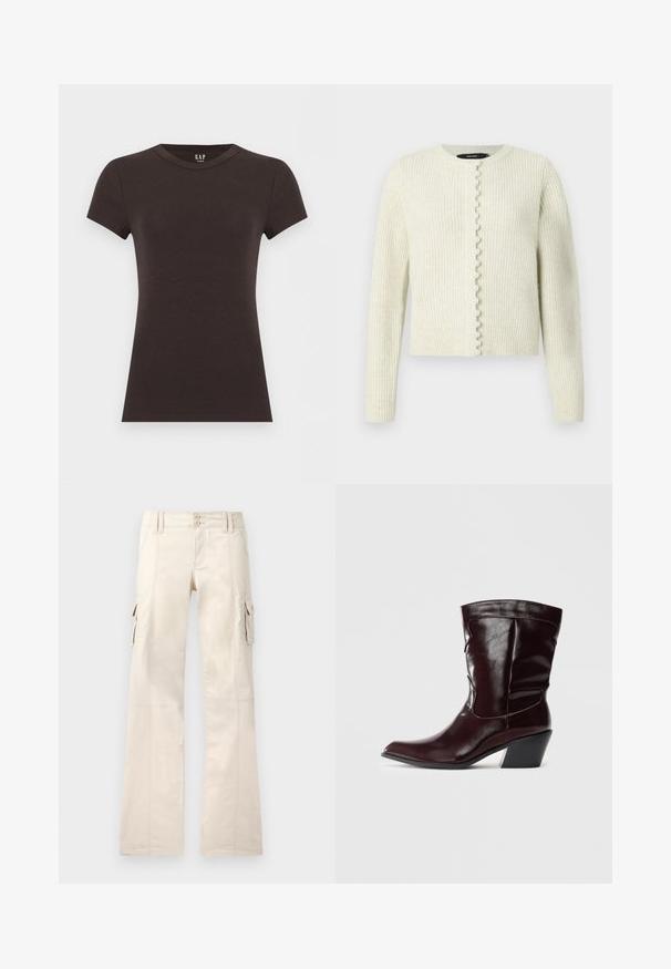 Cardigan crème côtelé à manches longues, col rond, fermeture boutonnée à l'avant avec des boutons décoratifs ressemblant à des perles le long de la patte de boutonnage.; T-shirt noir à manches courtes, ajusté, à col rond, avec logo GAP à l'intérieur du col, sur un fond clair.; Pantalon cargo beige à jambes larges, fermeture à boutons sur le devant, passants pour ceinture et poches à rabat des deux côtés.; Bottines en cuir bourgogne avec un bout pointu, une surface texturée et un petit talon effilé. Présente une couture discrète et un ajustement confortable.