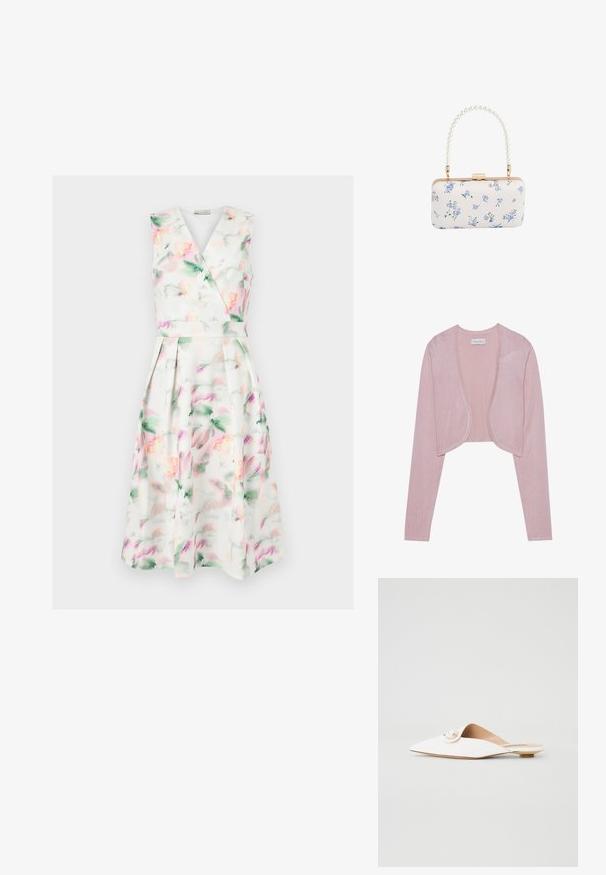 Cárdigan corto de color rosa claro con mangas largas y un frente abierto. Tejido de punto suave y texturizado con un acabado liso y bordes redondeados.; Vestido midi blanco sin mangas con estampado floral en acuarela en tonos pastel, cuerpo cruzado con escote en V, cintura ceñida y falda plisada.; Mules planos blancos con punta afilada, con un detalle circular de perlas y herrajes dorados. Material suave con un diseño minimalista.; Clutch rectangular blanca con patrón floral azul y asa con cuentas de perlas, herrajes en tono dorado y cierre con broche.