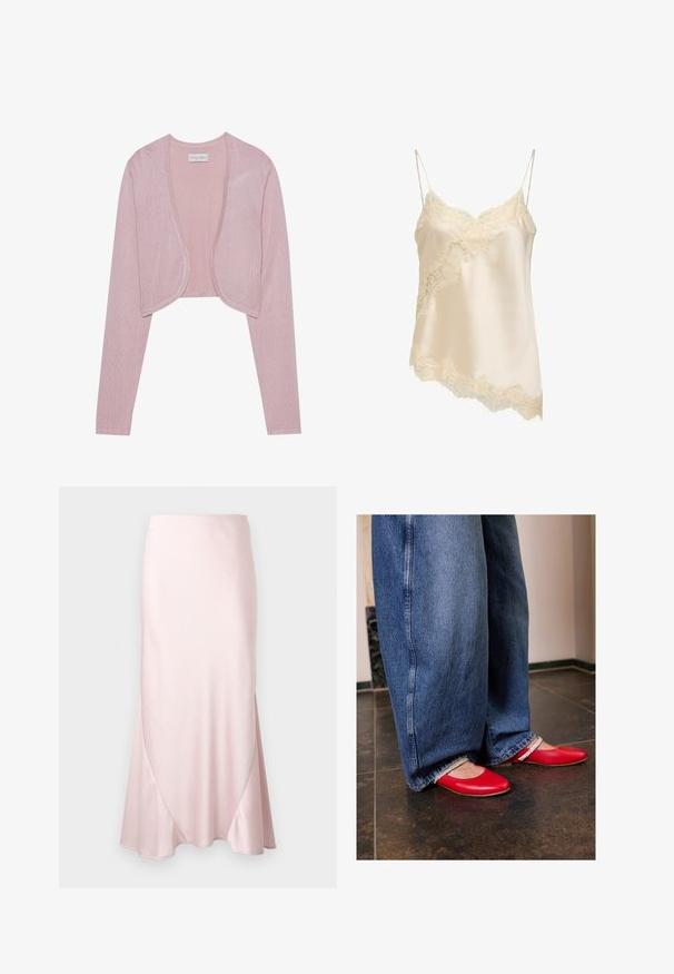 Lys pink cropped cardigan med lange ærmer og åben front. Blødt, tekstureret strik stof med en glat overflade og afrundede kanter.; Silke camisole-top med tynde stropper, cremefarvet, asymmetrisk blondekant langs halsudskæring, side og kant.; Lyserød satin midi-nederdel med A-formet silhuet og fine diagonale sømdetaljer på en ensfarvet baggrund.; Røde lædersandaler med en rund tå og en sølvfarvet pyntestrop. Båret med brede denimjeans i blå, der har en flosset kant.