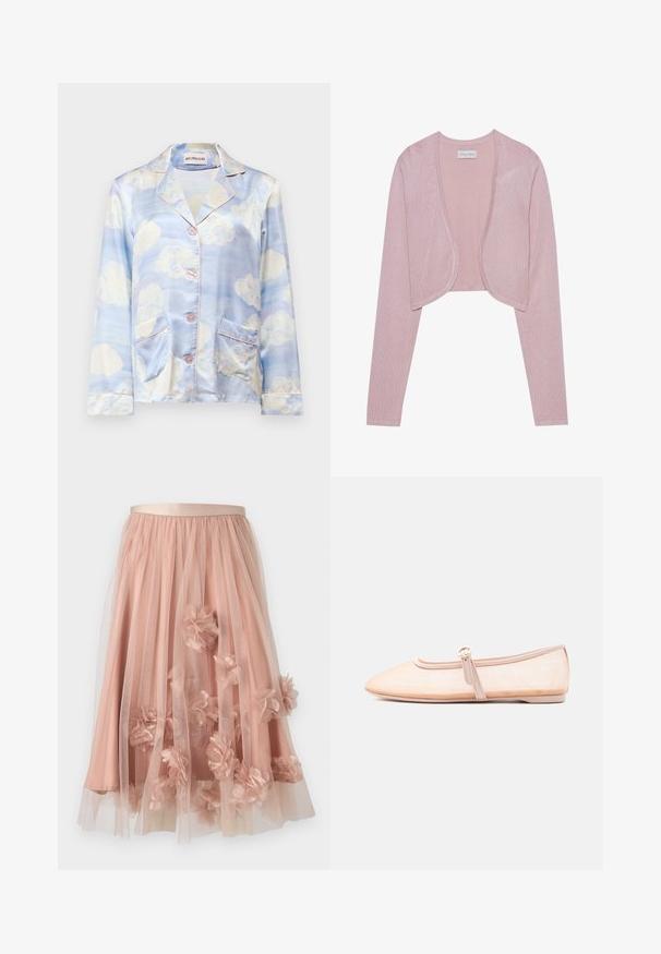 Cárdigan corto de color rosa claro con mangas largas y un frente abierto. Tejido de punto suave y texturizado con un acabado liso y bordes redondeados.; Camisa de pijama de seda en azul claro con patrones de nubes, que presenta un cuello con muesca, cinco botones y dos bolsillos frontales con un ribete en rosa pálido.; Falda de tul en rosa suave con cinturilla de satén. Cuenta con tela transparente en capas y apliques florales tridimensionales por toda la prenda.; Zapato plano beige claro con punta puntiaguda y una sola correa con hebilla lateral, mostrado sobre un fondo blanco liso.
