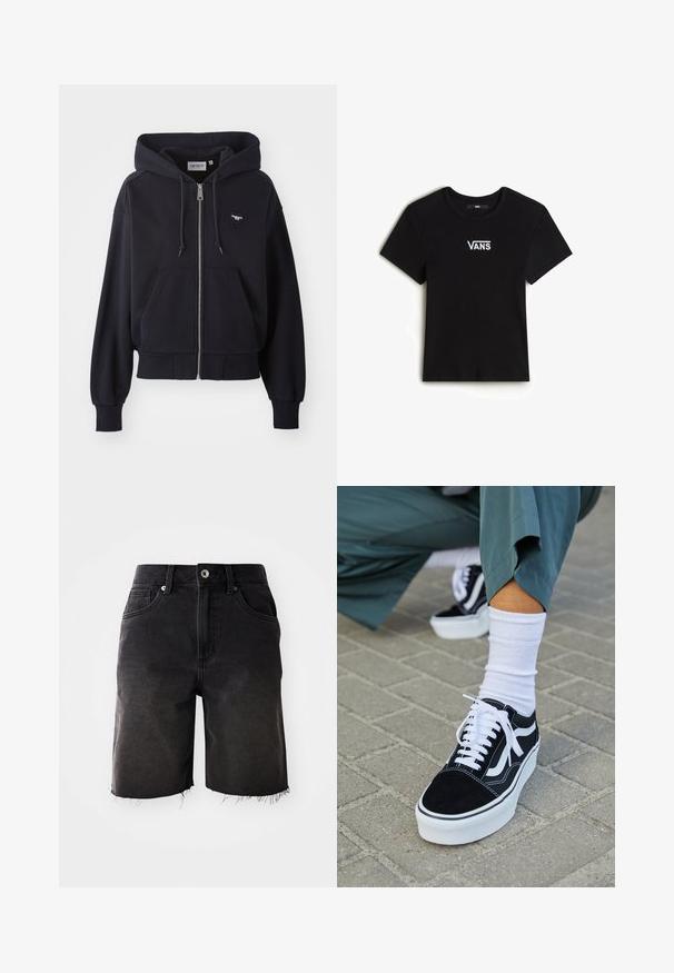 Navyblaues Zip-up Hoodie aus weichem Stoff, mit einer Kängurutasche, gerippten Bündchen und einem kleinen herzförmigen Logo auf der Brust.; Vans CAMERON - T-Shirt basic - black; Schwarze Denim-Shorts mit einer ausgewaschenen Optik, fransigem Saum, klassischem Fünf-Taschen-Design und einem Knopfverschluss. Dicke Nähte ergänzen das Gesamtbild.; Schwarze Wildledersneaker mit weißen Akzenten und Schnürsenkeln, ausgestattet mit einer dicken weißen Sohle und kontrastierenden Nähten, kombiniert mit einer weißen Socke.