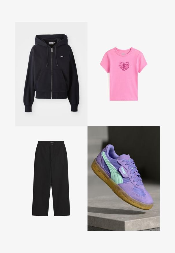 Marineblauwe rits hoodie van zacht materiaal, voorzien van een kangoeroezak, geribbelde manchetten en een klein hartvormig logo op de borst.; Roze katoenen T-shirt met korte mouwen en een ronde hals. Heeft een hartontwerp met het woord "VANS" erin, omlijnd in donkerroze.; Zwarte wijde broek van katoen. Heeft een knoopsluiting, twee voorzakken en een gladde textuur. Eenvoudig ontwerp zonder patronen.; Paarse suède en mesh sneaker met mintaccenten, vetersluiting en een gestructureerde gumzool. Bevat PUMA-branding aan de zijkant.