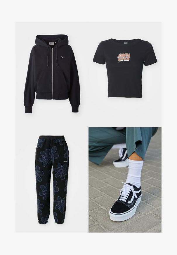 Marineblauwe rits hoodie van zacht materiaal, voorzien van een kangoeroezak, geribbelde manchetten en een klein hartvormig logo op de borst.; Zwarte cropped t-shirt van katoen, met een kleurrafische "SANTA CRUZ" graphic op de voorkant. Korte mouwen en een ronde hals.; Fleece joggers met een zwarte achtergrond en een donkerblauw bloemenpatroon. Voorzien van een elastische tailleband en zijzakken. Zachte textuur.; Zwarte suède sneaker met witte accenten en veters, uitgerust met een dikke witte zool en contrasterende stiksels, gecombineerd met een witte sok.