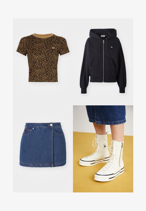 Navyblaues Zip-up Hoodie aus weichem Stoff, mit einer Kängurutasche, gerippten Bündchen und einem kleinen herzförmigen Logo auf der Brust.; Levi's® ESSENTIAL SPORTY TEE - T-Shirt print - braun; Jeans-Minirock, dunkelblau, mit einer Knopfleiste vorne, seitlichen Taschen und gelben Nähakzenten entlang des Saums und der Nähte.; Weiße High-Top-Sneaker mit Reißverschluss, Schnürdesign und schwarzen Streifenakzenten auf einer dicken Sohle. Texturiertes Canvas-Material.