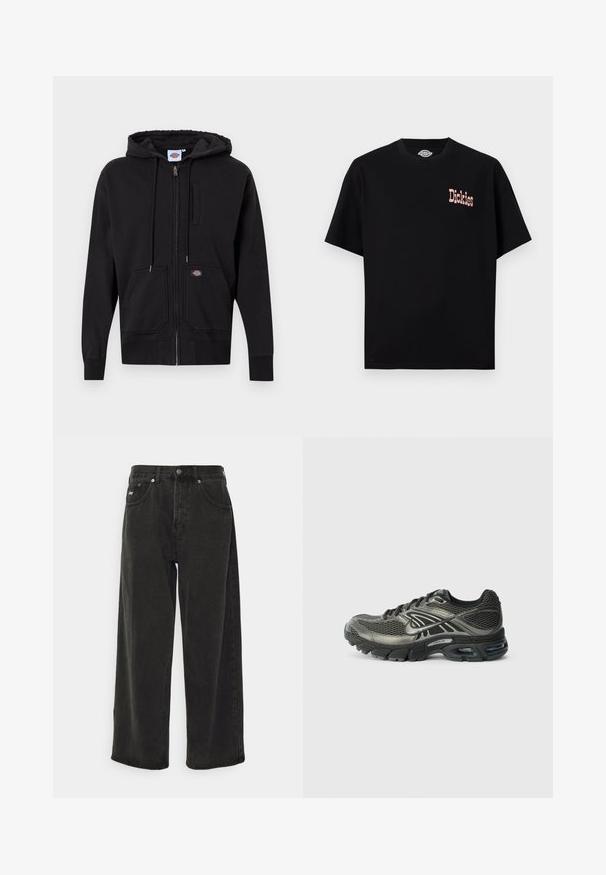 Schwarze Zip-Up-Hoodie aus weichem Stoff; verfügt über einen Frontreißverschluss, eine Kapuze mit Kordelzug und zwei große Fronttaschen. Auffälliges Logo-Patch.; Schwarzes T-Shirt mit kurzen Ärmeln und Rundhalsausschnitt, kleines pinkfarbenes "Dickies"-Logo auf der linken Brust.; Obey Clothing BIGWIG BAGGY - Baggy Jeans - black; Schwarzer und grauer Nike-Laufschuh mit Mesh-Obermaterial, gepolsterter Sohle, sichtbarer Luftpolsterung und Schnürsenkeln auf einem schlichten weißen Hintergrund.