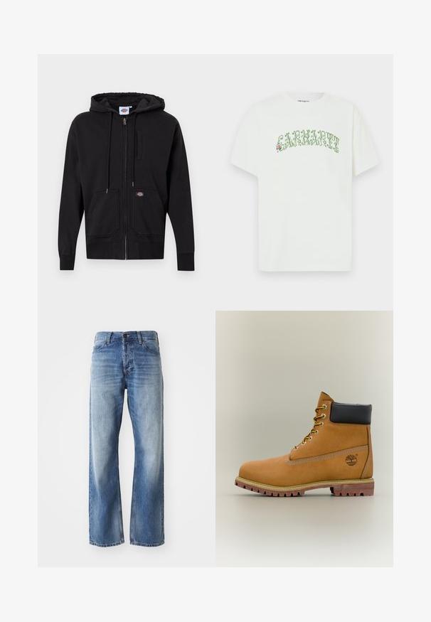 Schwarze Zip-Up-Hoodie aus weichem Stoff; verfügt über einen Frontreißverschluss, eine Kapuze mit Kordelzug und zwei große Fronttaschen. Auffälliges Logo-Patch.; Weißes Baumwoll-T-Shirt mit kurzen Ärmeln und Rundhalsausschnitt, versehen mit grünem Textdesign und floralen Akzenten.; Blaue Jeans mit geradem Bein aus Denim, mit leichtem Verblassen an den Oberschenkeln und Knien, ausgestattet mit fünf Taschen und einem Knopfverschluss.; Brauner Leder-Stiefelette mit schwarzem Kragen, gelben Schnürsenkeln und hellbrauner Sohle. Verfügt über ein Logo und weiße Ziernähe. Robuste Profilsohle.