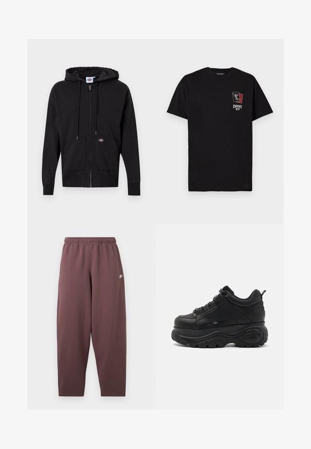 Sudadera con cremallera negra hecha de tejido suave; presenta una cremallera frontal, capucha con cordón y dos grandes bolsillos frontales. Parche de logo notable.; Camiseta negra de manga corta Carhartt WIP con gráfico de dos cartas de juego superpuestas y texto Carhartt WIP en el pecho izquierdo.; Pantalones deportivos de corte holgado en color malva oscuro con cintura elástica y pequeño logo Nike swoosh blanco en la parte superior del muslo.; Zapatillas chunky de cuero negro con una suela de goma gruesa, diseño elegante y detalles texturizados. Cuentan con cordones y una pestaña en el talón.