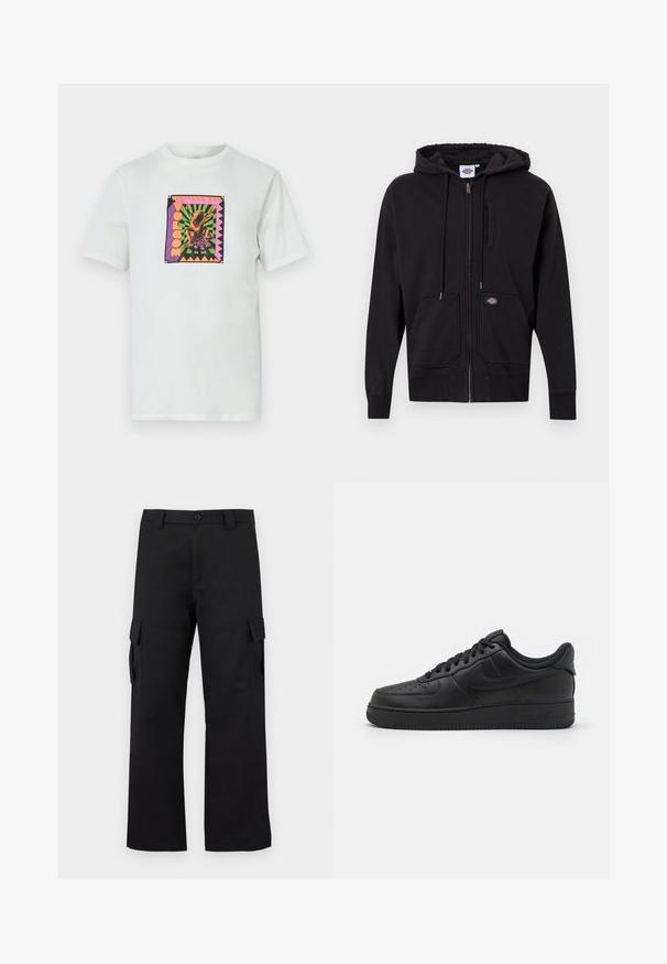 Hoodie noir zippé en tissu doux ; dispose d'une fermeture éclair avant, d'une capuche avec cordon de serrage et de deux grandes poches avant. Patch logo notable.; T-shirt en coton blanc présentant un graphique coloré en forme de carré avec un design de grenouille et du texte, sur un fond géométrique avec des bords accentués.; Pantalons cargo noirs avec une coupe droite. Fabriqués à partir d'un tissu durable, ils disposent de deux poches latérales avec fermetures à rabat et d'un zip à bouton.; Nike Sportswear AIR FORCE 1 07 FLYEASE - Baskets basses - black