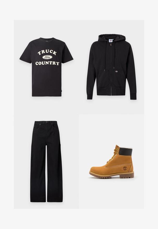 Zwarte zip-up hoodie van zacht materiaal; heeft een voorrits, een capuchon met trekkoord en twee grote voorzakken. Opvallende logopatch.; Zwarte katoenen T-shirt met korte mouwen, voorzien van "TRUCK COUNTRY" in crème tekst en een Ford-logo in het midden voorop.; Zwarte wijde broekspijpen gemaakt van katoenen denim, met een hoge taille, twee voorzakken en een zijzak met klep voor extra functionaliteit.; Bruine leren enkellaars met metalen oogjes, witte faux bont voering, zwarte gewatteerde kraag, robuuste zool en een reliëflogo aan de zijkant.