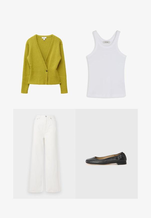 Cardigan à manches longues en maille côtelée vert citron avec un col en V profond et une fermeture par un bouton foncé au centre devant.; Débardeur blanc en tissu lisse, avec un col rond et des bretelles larges, comportant une étiquette à l'intérieur indiquant "IVY OAK".; Jeans large à taille haute blancs en denim. Comprend des poches avant, une fermeture à bouton et des détails d'ourlet effiloché.; Ballerines en cuir noir avec un bout arrondi et des coutures minimales. Talon bas et rectangulaire avec une texture lisse. Détails subtils de doublure intérieure.