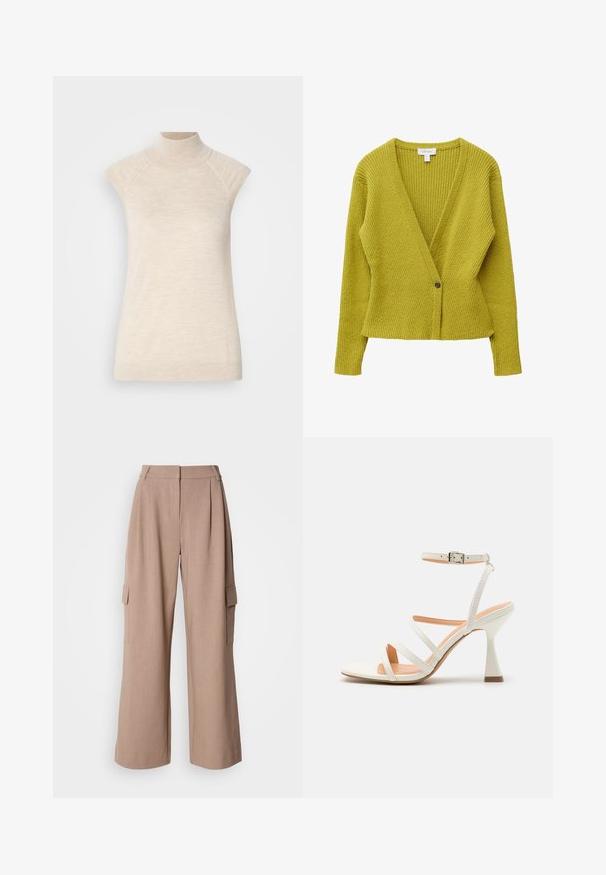 Langermige geribde gebreide cardigan in limoengroen met diepe V-hals en een enkele donker knoopsluiting voor in het midden.; Beige hooggesloten mouwloze top, gemaakt van zachte, gestructureerde stof. Beschikt over raglan-schouderpassen en een getailleerde pasvorm. Geschikt voor gelaagde outfits.; Beige wijdvallende cargobroek met voormallen, twee zijzakken en stevige stof. Heeft een hoge taille en een rechte pasvorm aan de zoom.; Witte sandaal met hoge hakken en straps, met een enkelgesp, een gladde textuur, vierkante neus en een sculptuurhak. Lichtbeige binnenzool.