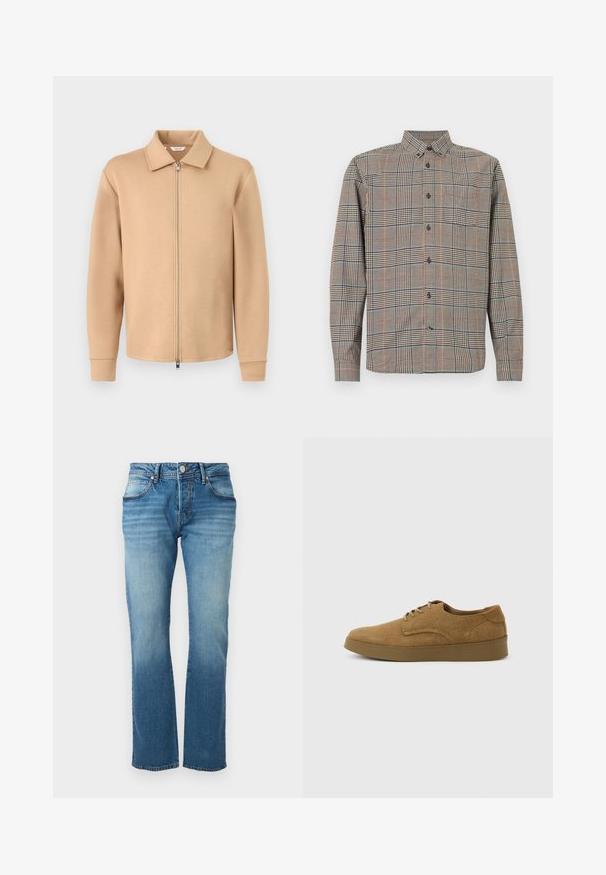 Veste beige à manches longues avec fermeture éclair, col, poignets côtelés et fermeture éclair en métal, présentée sur un fond gris clair uni.; Chemise à manches longues avec col classique, présentant un motif à carreaux beige et noir avec des lignes subtiles rouges et bleues.; Jean en denim bleu avec un effet délavé, design classique à cinq poches, fermeture par bouton et zip, coupe droite.; Chaussure décontractée à lacets en daim marron avec semelle en caoutchouc plate, vue de côté sur un fond clair uni.