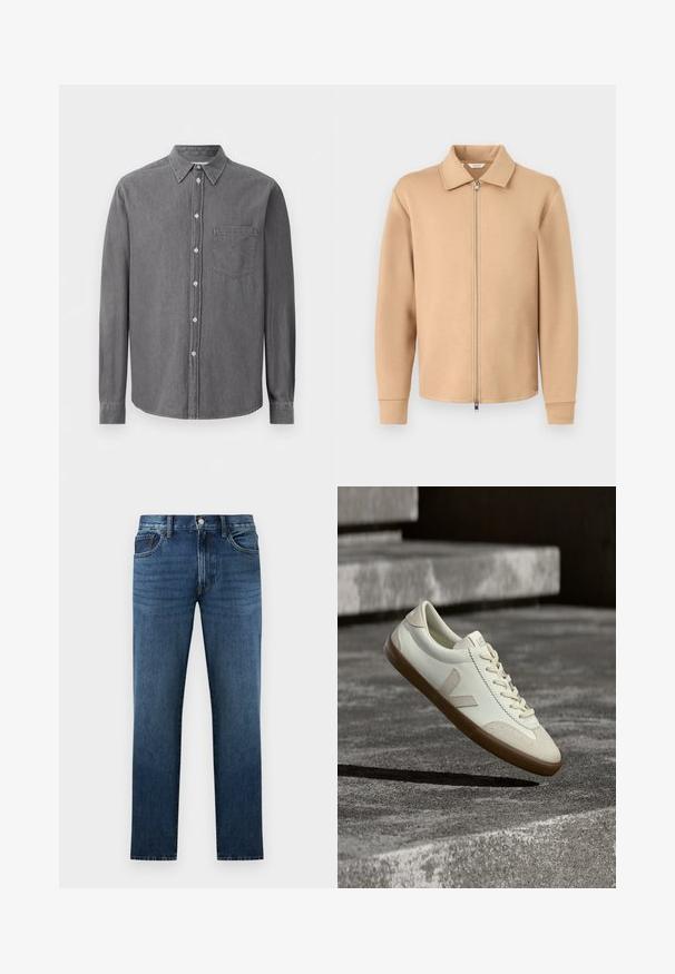 Veste beige à manches longues avec fermeture éclair, col, poignets côtelés et fermeture éclair en métal, présentée sur un fond gris clair uni.; Chemise à manches longues grise à boutons, en tissu doux, avec un col classique, une poche poitrine et une fermeture à boutons standard.; Jean en denim bleu foncé à coupe droite avec fermeture à bouton et fermeture éclair à l'avant, poches avant et arrière, présenté sur fond blanc.; Baskets en cuir blanc avec semelle en caoutchouc beige, lacets plats et accent en forme de V sur le côté. Présentent une surface lisse et peu de détails de couture.