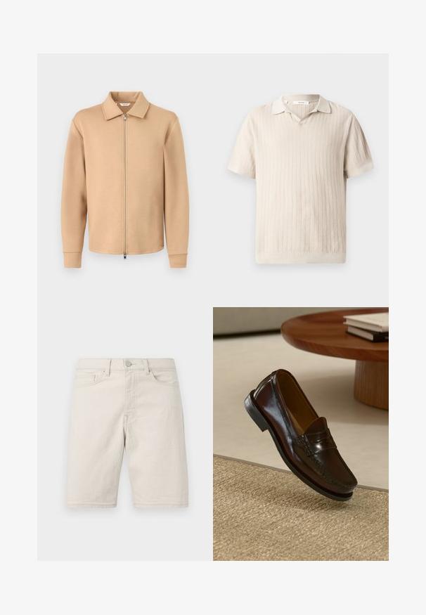 Veste beige à manches longues avec fermeture éclair, col, poignets côtelés et fermeture éclair en métal, présentée sur un fond gris clair uni.; Polo en tricot beige à manches courtes avec un motif côtelé vertical texturé et un petit col.; Shorts en jean beige longueur genou avec bouton frontal, passants pour ceinture et design à cinq poches sur un fond clair.; Mocassins en cuir marron au fini brillant, avec un détail cousu sur le devant et une semelle en caoutchouc noir à profil bas.