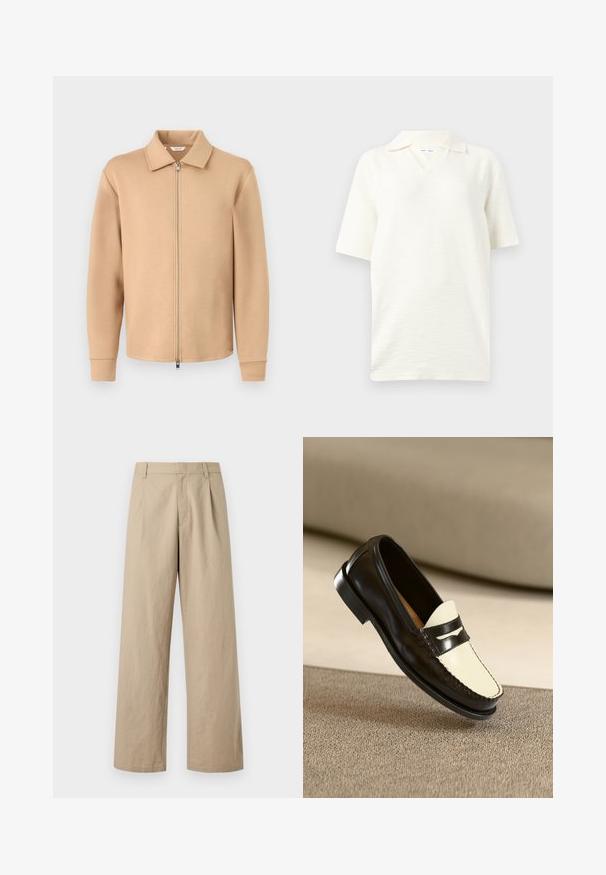 Beige langärmelige Jacke mit Reißverschluss und Kragen, gerippten Bündchen und Metallreißverschluss, auf hellem einfarbigem grauem Hintergrund dargestellt.; Weißes strukturiertes kurzärmeliges Poloshirt mit weichem Kragen und V-Ausschnitt, präsentiert auf einem hellgrauen Hintergrund.; Beige weit geschnittene Hose mit Gürtelschlaufen, Reißverschluss vorne und Falten, auf weißem Hintergrund dargestellt.; Schwarze Lederloafer mit einem cremefarbenen Schaft und schwarzen Akzentstreifen, ausgestattet mit einem niedrigen Absatz und detaillierter Naht entlang der Kanten.