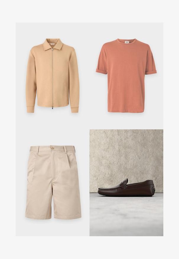 Veste beige à manches longues avec fermeture éclair, col, poignets côtelés et fermeture éclair en métal, présentée sur un fond gris clair uni.; T-shirt à manches courtes de couleur rose poussière, en tissu doux, avec un col rond et des manches retroussées, offrant une coupe décontractée.; Short beige longueur genou avec fermeture avant bouton et zip, passants pour ceinture et poches latérales.; Mocassins en cuir marron avec une finition lisse, des coutures de style mocassin, un bout rehaussé et une semelle en caoutchouc basse et flexible.