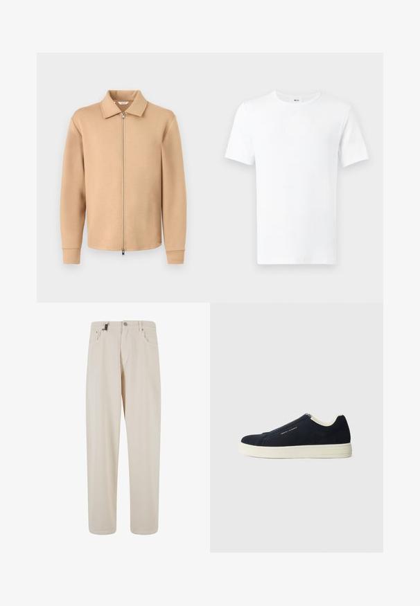 Veste beige à manches longues avec fermeture éclair, col, poignets côtelés et fermeture éclair en métal, présentée sur un fond gris clair uni.; T-shirt blanc uni à manches courtes et col rond, présenté de face avec une étiquette visible dans le cou sur un fond clair.; Pantalons en coton beige au design droit, avec poches avant et fermeture à bouton. Texture lisse avec un minimum de détails.; Des baskets slip-on en daim bleu marine avec une semelle en caoutchouc blanc, présentant un design cousu et un branding discret sur le côté.