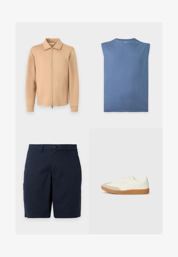 Chaqueta beige de manga larga con cremallera y cuello, puños acanalados y cremallera metálica, mostrada sobre un fondo liso de color gris claro.; Camiseta azul sin mangas con cuello redondo hecha de tela suave, colocada plana sobre un fondo blanco.; Pantalones cortos azul marino hechos de tejido ligero. Presentan un cierre de botón, parte delantera plana y dos bolsillos laterales. Diseño clásico de corte recto.; Zapatilla de cuero blanca con puntera beige y suela de goma marrón claro. Presenta cordones planos blancos y una marca en relieve en el lateral.