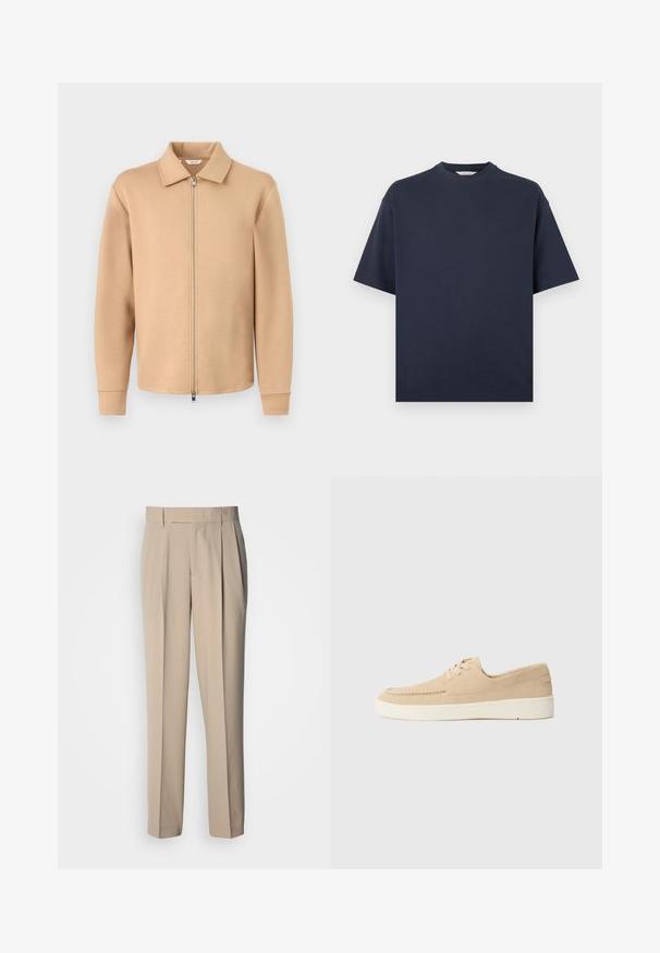 Veste beige à manches longues avec fermeture éclair, col, poignets côtelés et fermeture éclair en métal, présentée sur un fond gris clair uni.; T-shirt à manches courtes bleu marine avec un col rond et une coupe décontractée, présenté sur un fond blanc uni.; Pantalon beige taille haute à plis, coupe droite, avec une texture lisse et sans ornements ni motifs visibles.; Chaussures en daim beige à lacets avec une semelle en caoutchouc blanche. Présentent un design cousu et une coupe basse, offrant un style simple et minimaliste.