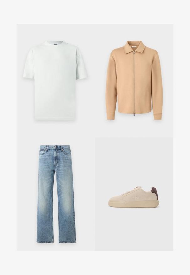 Veste beige à manches longues avec fermeture éclair, col, poignets côtelés et fermeture éclair en métal, présentée sur un fond gris clair uni.; T-shirt en coton vert clair avec coupe décontractée, manches courtes et col rond côtelé. Sans motifs ni accents supplémentaires.; Jean droit en denim bleu clair avec taille haute, cinq poches, fermeture à boutons et léger délavage sur les cuisses et les genoux.; Baskets en daim beige avec un bout rond, lacets à l'avant et un accent en daim marron sur le talon. Dotées d'une semelle en caoutchouc texturé.