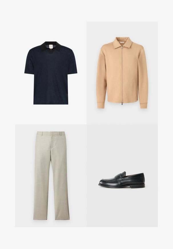 Veste beige à manches longues avec fermeture éclair, col, poignets côtelés et fermeture éclair en métal, présentée sur un fond gris clair uni.; Polo bleu marine à manches courtes avec un col noir et une encolure en V.; Pantalon droit couleur beige clair avec passants pour ceinture, fermeture éclair frontale et texture subtile sur fond blanc.; Mocassins en cuir noir avec un bout rond, des détails cousus et une semelle en caoutchouc plate. Présentent une large bande sur le cou-de-pied.