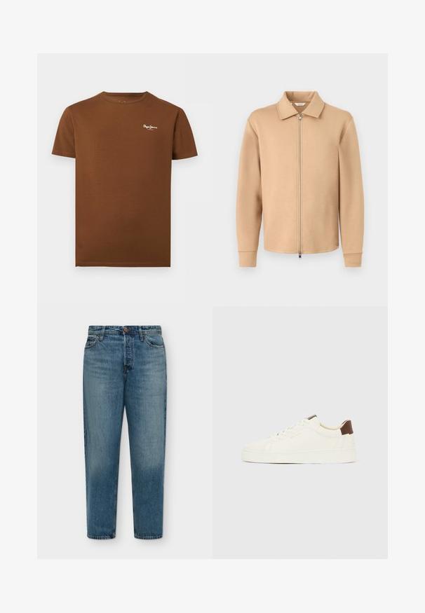 Veste beige à manches longues avec fermeture éclair, col, poignets côtelés et fermeture éclair en métal, présentée sur un fond gris clair uni.; T-shirt marron à manches courtes avec col rond et petit logo blanc "Pepe Jeans London" sur la poitrine gauche.; Jean en denim bleu avec coupe droite, fermeture avant par bouton et fermeture éclair, et design cinq poches sur un fond uni.; Baskets blanches basses avec lacets crème, une languette de talon marron et le logo "GANT" doré sur le côté, présentées de profil sur un fond uni.