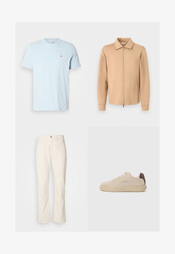 Beige langärmelige Jacke mit Reißverschluss und Kragen, gerippten Bündchen und Metallreißverschluss, auf hellem einfarbigem grauem Hintergrund dargestellt.; Hellblaues Baumwoll-T-Shirt mit kurzen Ärmeln, rundem Ausschnitt und einem kleinen roten Logo auf der Brust. Glatte Textur, lässiges Design.; Beige Baumwolljeans mit klassischem geradem Bein, ausgestattet mit einem Frontknopfverschluss, fünf Taschen und dezenten Nähdetails.; Beige Wildleder-Sneaker mit runder Spitze, Schnürung vorne und einem braunen Wildlederakzent an der Ferse. Verfügt über eine strukturierte Gummisohle.
