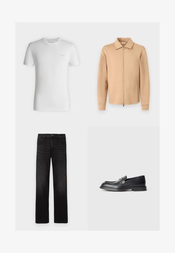 Veste beige à manches longues avec fermeture éclair, col, poignets côtelés et fermeture éclair en métal, présentée sur un fond gris clair uni.; T-shirt blanc à manches courtes et col rond avec petit logo GUESS embossé sur le côté gauche de la poitrine, présenté sur un fond clair uni.; Jean noir à jambes droites avec cinq poches et fermeture à boutons, présenté à plat sur un fond clair.; Mocassins en cuir noir avec une finition texturée, dotés d'une bride décorative à l'avant et d'un bout arrondi. Semelle en caoutchouc pour plus de durabilité.