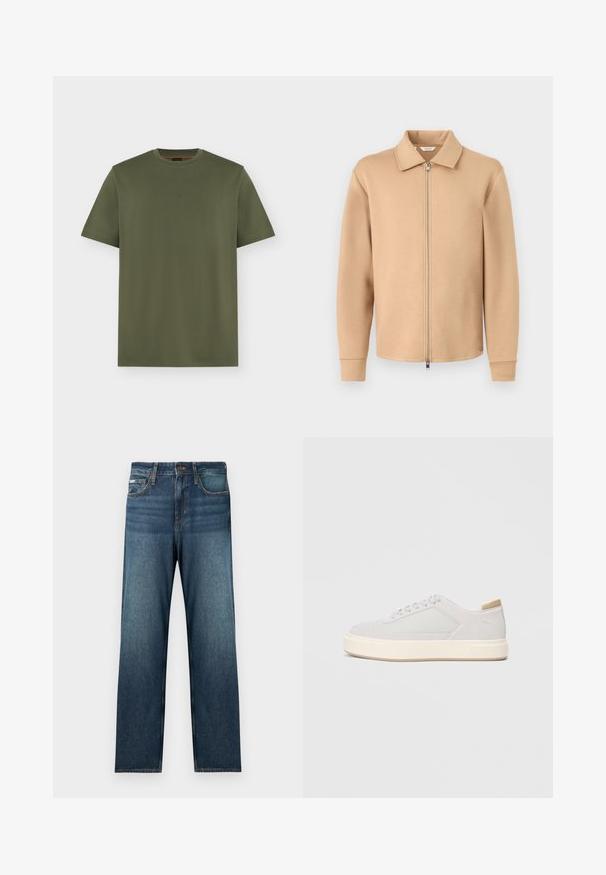 Veste beige à manches longues avec fermeture éclair, col, poignets côtelés et fermeture éclair en métal, présentée sur un fond gris clair uni.; T-shirt vert olive à manches courtes et col rond avec un logo discret "BOSS" centré sur la poitrine, design uni sur fond gris clair.; Jean bleu foncé avec une coupe droite, un design à cinq poches et un léger effet délavé. Fabriqué en tissu denim avec des détails de couture classiques.; Baskets gris clair avec une tige synthétique lisse, un bout rond et une semelle intermédiaire texturée couleur crème. Accents beige clair au niveau du talon.