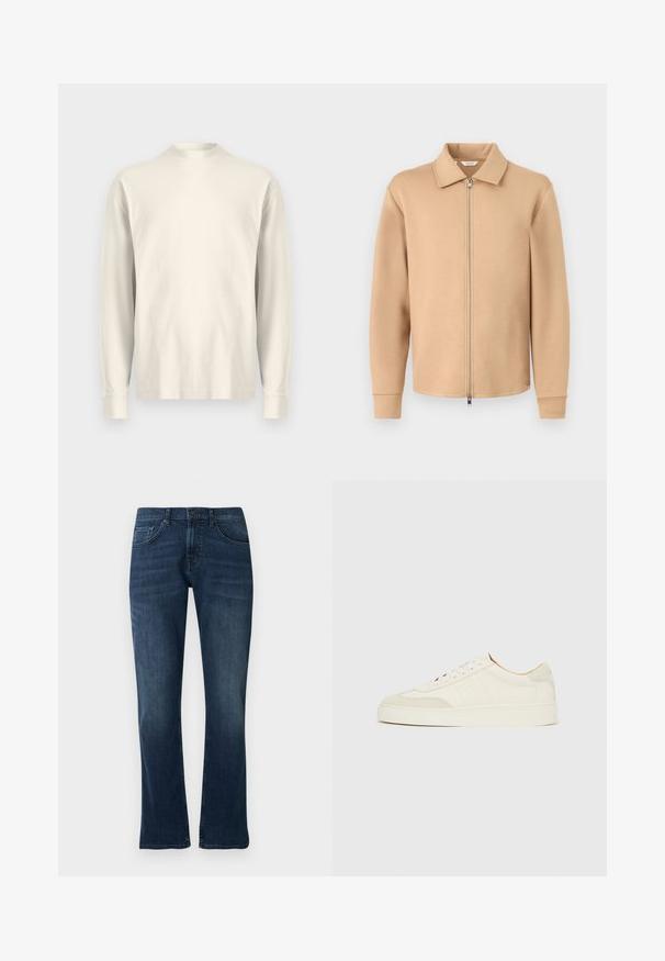 Chaqueta beige de manga larga con cremallera y cuello, puños acanalados y cremallera metálica, mostrada sobre un fondo liso de color gris claro.; Camisa de manga larga y cuello perkins en algodón color crema claro. Textura suave, corte holgado, diseño minimalista, sin patrones ni acentos visibles.; Jeans acampanados de color azul oscuro con un diseño estándar de cinco bolsillos, con cierre frontal de botón y un sutil desgaste en los muslos, confeccionados en tela vaquera.; Zapatillas de ante blanco con acabado liso, puntera redonda, diseño plano con cordones y detalles texturizados contrastantes. Presentan un detalle de logo sutil.