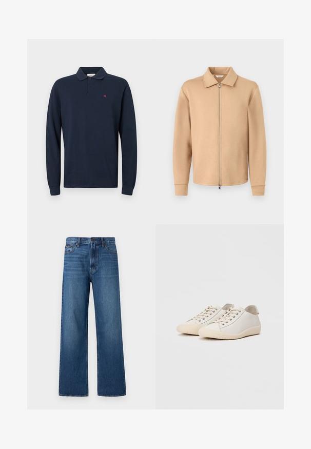 Chaqueta beige de manga larga con cremallera y cuello, puños acanalados y cremallera metálica, mostrada sobre un fondo liso de color gris claro.; Polo de manga larga azul marino con cuello, tapeta de dos botones y un pequeño logo rojo de CK en el lado izquierdo del pecho. Tejido de algodón.; Vaqueros azules de tiro alto y pierna recta con botón y cremallera delanteros, cinco bolsillos y un pequeño parche de marca en el bolsillo derecho.; Zapatillas blancas de cuero liso con costuras al tono, cierre de cordones, puntera redondeada y suela de goma texturizada.