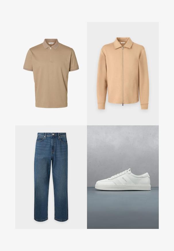 Veste beige à manches longues avec fermeture éclair, col, poignets côtelés et fermeture éclair en métal, présentée sur un fond gris clair uni.; Polo beige à manches courtes avec col et poignets texturés, fermeture éclair devant sur la moitié et une étiquette « Selected » à l'intérieur du col.; Jean droit bleu avec poches avant, passants de ceinture, fermeture à boutons et couture visible sur fond uni.; Baskets basses blanches avec un lacet, panneaux en cuir texturé et logo discret sur le côté, sur un fond clair uni.