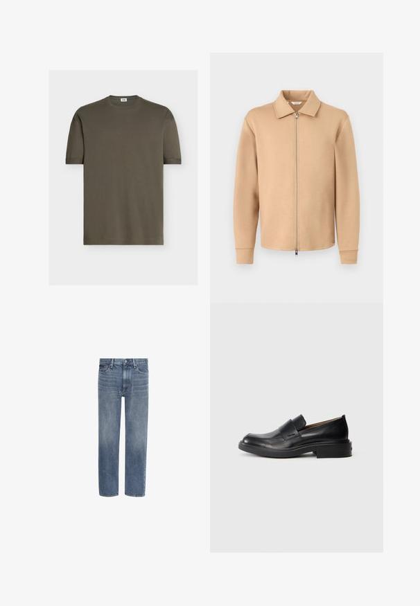 Veste beige à manches longues avec fermeture éclair, col, poignets côtelés et fermeture éclair en métal, présentée sur un fond gris clair uni.; T-shirt vert olive uni à manches courtes avec col rond et petite étiquette blanche à l'intérieur du col au dos.; Jean en denim bleu à jambes droites, avec poches avant, passants de ceinture et fermeture par bouton.; Chaussure habillée noire en cuir, à enfiler, avec un petit talon et un logo Calvin Klein discret sur le côté, présentée de profil sur un fond blanc.