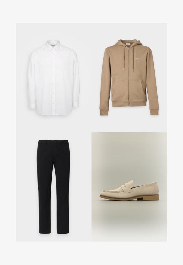 Sweat à capuche beige zippé avec poches avant, capuche avec cordelette et petit texte blanc « Tiger of Sweden » sur la poitrine gauche.; Chemise blanche à manches longues en lin léger, avec un col à bouton, des boutons sur le devant et une coupe décontractée avec des manches à poignet.; Chinos noirs à coupe droite, fabriqués en mélange de coton lisse, avec passants pour ceinture et fermeture avant par bouton.; Mocassin en cuir beige clair avec un petit talon, coutures moc toe, et un détail de bride sur le dessus, présenté en profil latéral.