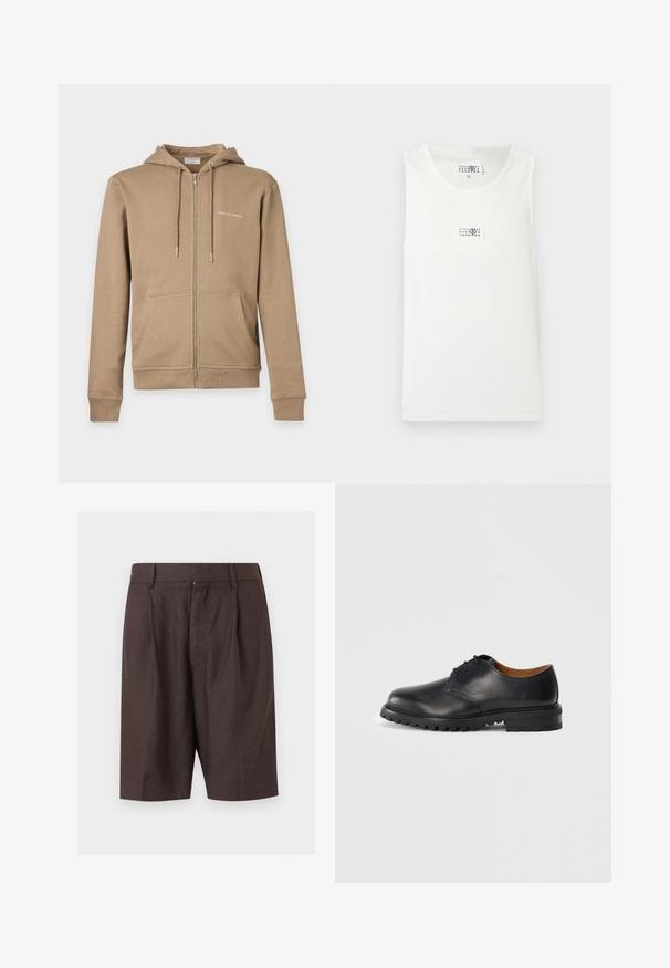 Sweat à capuche beige zippé avec poches avant, capuche avec cordelette et petit texte blanc « Tiger of Sweden » sur la poitrine gauche.; Débardeur blanc côtelé sans manches avec une petite étiquette rectangulaire affichant des chiffres noirs et un numéro 6 encerclé sur la poitrine.; Shorts sur mesure marron foncé longueur genou avec passants de ceinture et plis devant, présentés sur un fond clair uni.; Chaussure de cuir noire avec un bout arrondi, un design à lacets et une semelle en caoutchouc texturée. Présente des coutures contrastantes et une doublure intérieure marron.