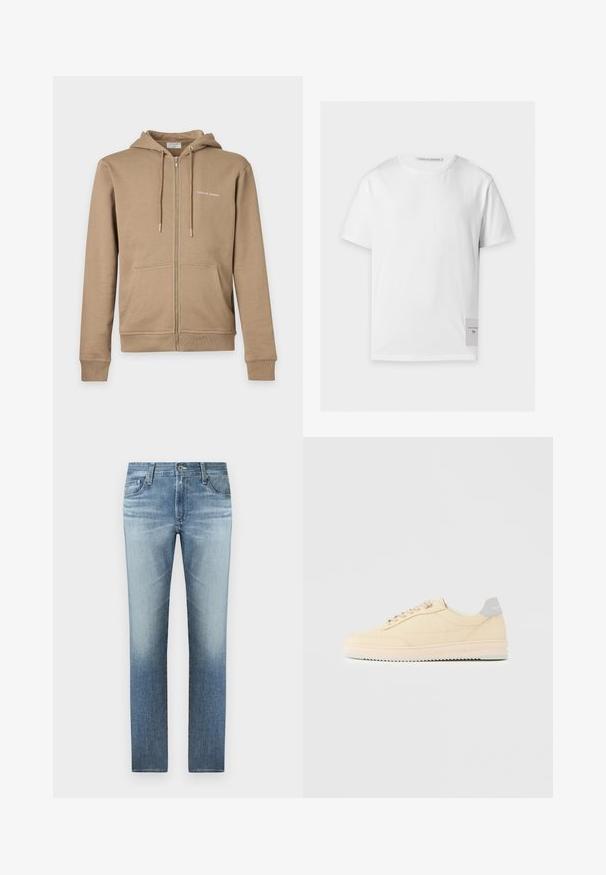 Sudadera con capucha beige con cremallera, bolsillos delanteros, capucha con cordón y pequeño texto blanco "Tiger of Sweden" en el pecho izquierdo.; Camiseta blanca lisa de manga corta con escote redondo y una pequeña etiqueta rectangular con texto de la marca cerca del dobladillo inferior en el lado derecho.; Vaqueros de mezclilla azul claro con un diseño de pierna recta, que cuentan con un lavado desgastado, cinco bolsillos y un cierre de cremallera con botón de metal.; Zapatilla deportiva beige de corte bajo con cierre de cordones en la parte delantera, suela rosa claro y lengüeta trasera gris con la marca "Filling Pieces", mostrada de perfil sobre un fondo liso.