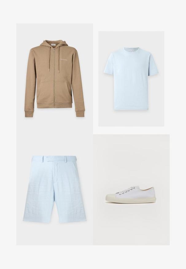 Sweat à capuche beige zippé avec poches avant, capuche avec cordelette et petit texte blanc « Tiger of Sweden » sur la poitrine gauche.; T-shirt en coton bleu clair à manches courtes avec un col rond et un ourlet droit, présenté sur un fond clair uni.; Shorts bleu clair tailleur à la longueur genou avec passants pour ceinture, poches avant et design épuré, minimaliste sur fond blanc.; Baskets en toile blanches avec bout rond, semelle plate en caoutchouc crème, six oeillets pour les lacets et détails de couture subtils sur la tige.