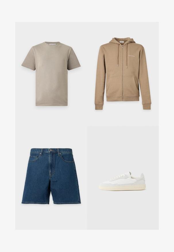 Beige zip-up hoodie with front pockets, drawstring hood, and small white "Tiger of Sweden" text on the left chest.; Beige short-sleeve crewneck cotton t-shirt with a small label at the back neck, front-facing on a white background.; Blue denim shorts with front button, zipper closure, belt loops, and front pockets on a light background.; White sneaker with a textured suede and leather upper. Features a rounded toe, lace-up closure, and contrasting beige rubber sole.